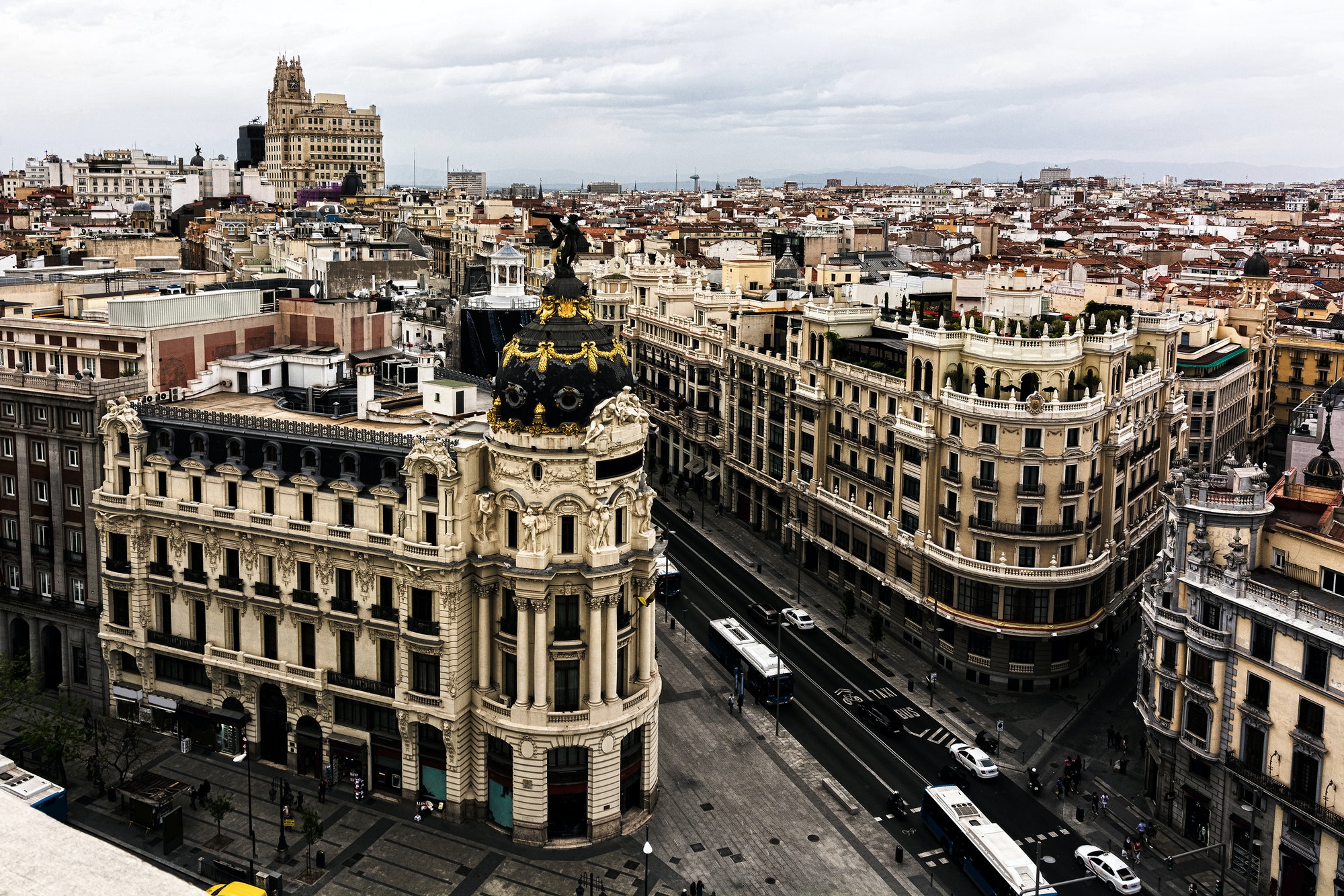 Panoramic aerial view of Gran Via, Madrid, capital of Spain, Europe